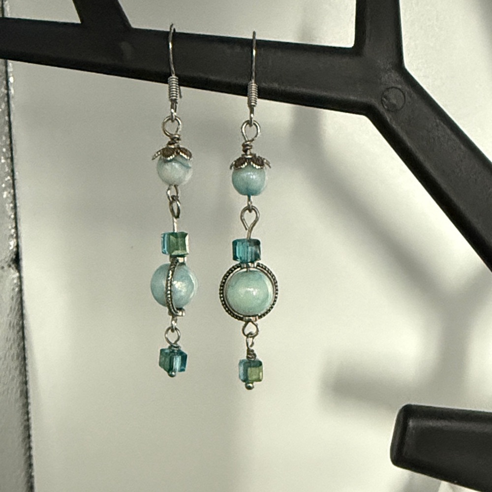 Handmade Aqua Bead Drop Earrings with Silver Accents